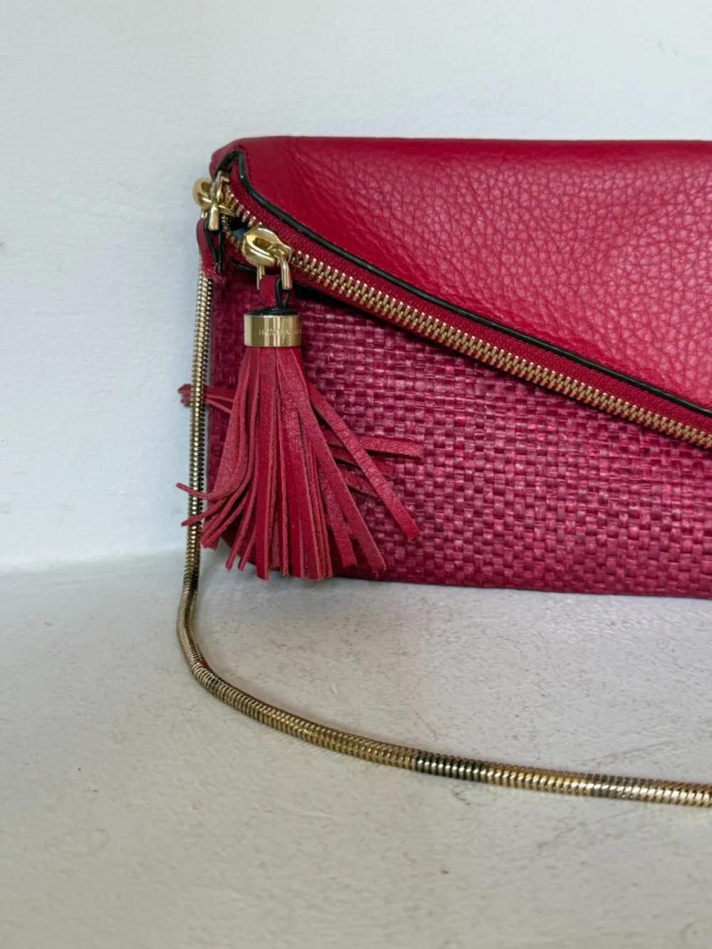 Henri Bendel Red Woven Leather Envelope Clutch Crossbody Gold Chain